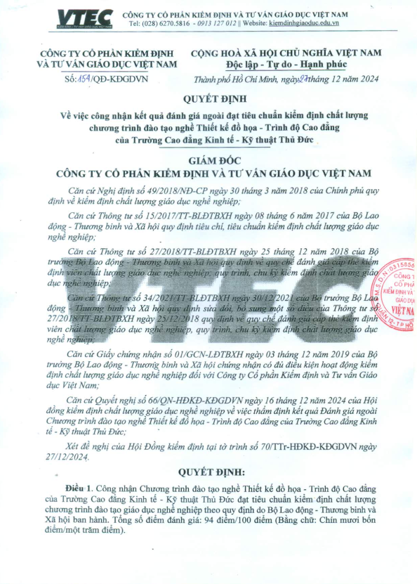 Quyết định về việc công nhận kết quả đánh giá ngoài đạt tiêu chuẩn kiểm định chất lượng chương trình đào tạo nghề THiết kế đồ họa - Trình độ Cao đẳng