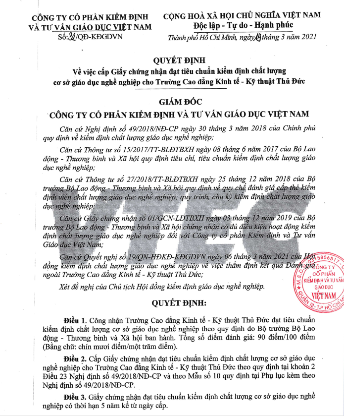 Quyết định về việc cấp giấy chứng nhận đạt tiêu chuẩn kiểm định chất lượng cơ sở giáo dục nghề nghiệp